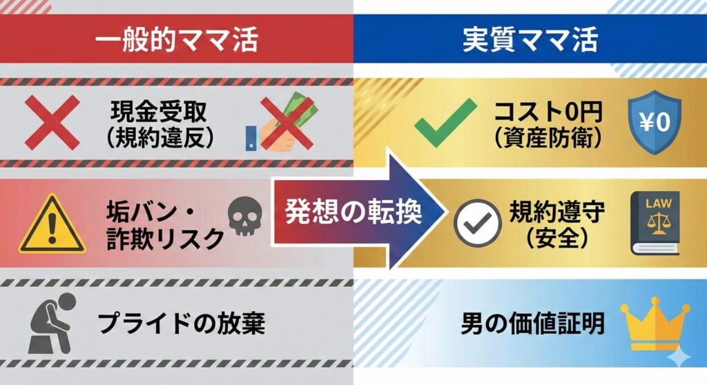 ペイターズにおける「一般的なママ活（規約違反・リスク大）」と「神崎流・実質ママ活（コストゼロ・資産防衛）」のリスクとリターンを比較した図解。