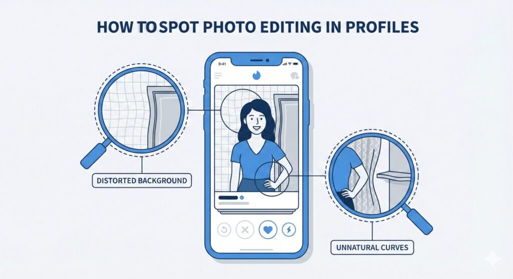 パパ活アプリの写真詐欺を見抜く_背景の歪みチェックポイント図解