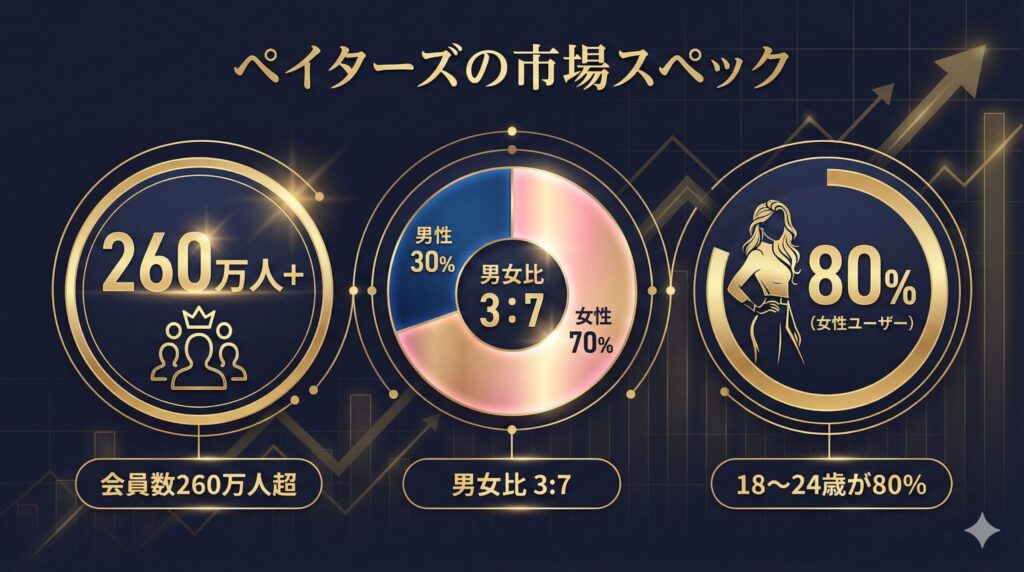 ペイターズの会員数・男女比・年齢層を示すデータインフォグラフィック
