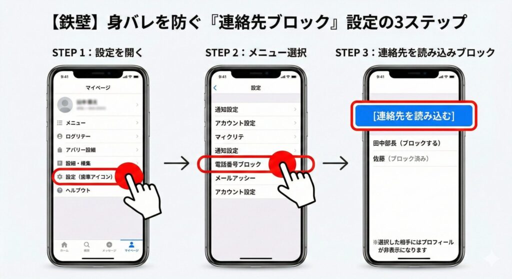 ペイターズで身バレを防ぐための「連絡先ブロック機能」の設定手順を示した3ステップのスマートフォン画面フロー図。