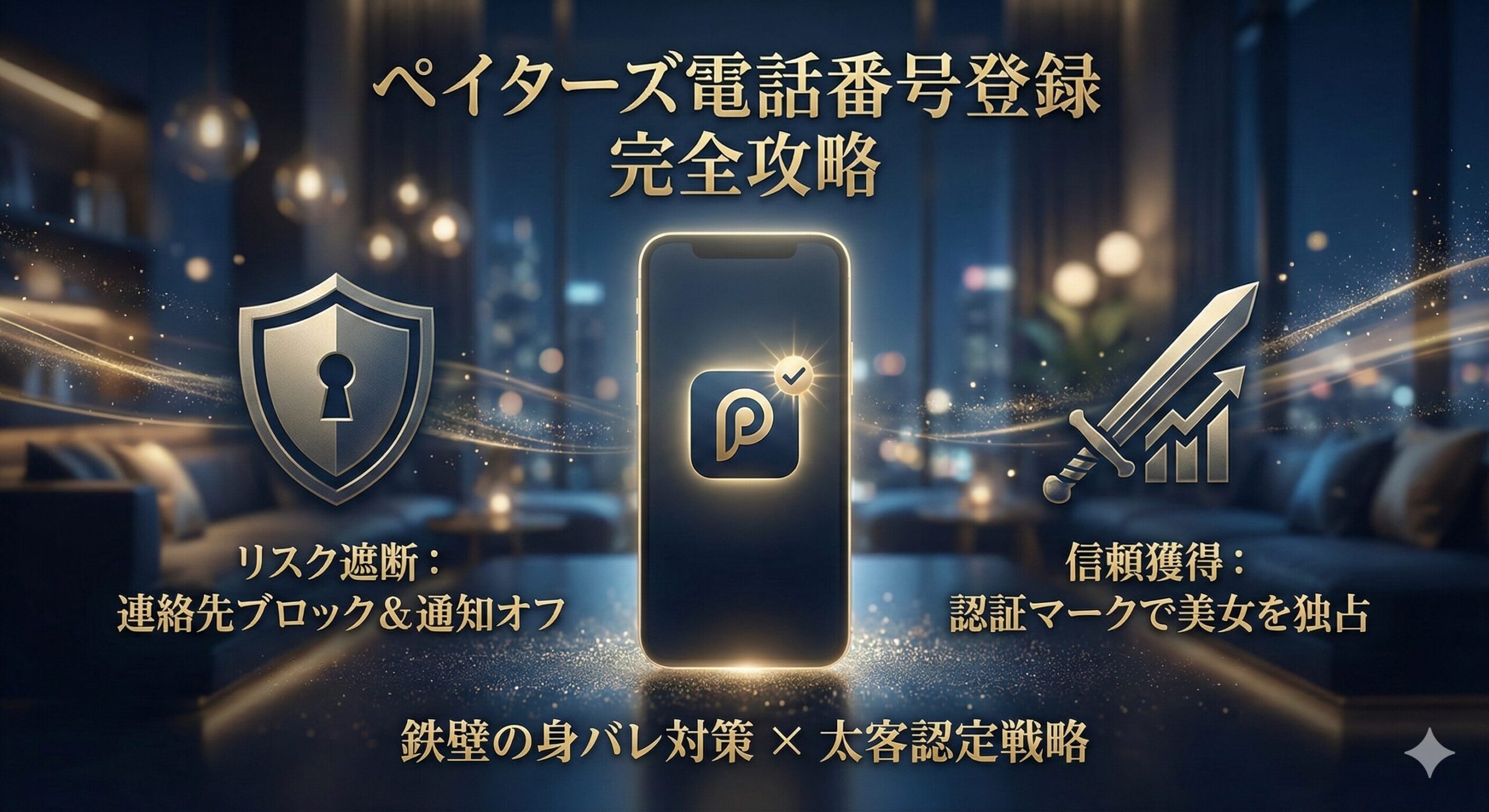 ペイターズの電話番号登録における身バレ対策と認証のメリットを表現したアイキャッチ画像。リスク管理と戦略的活用を示す盾と剣のモチーフ。