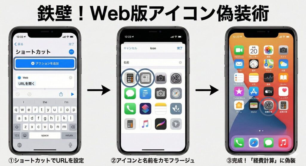 iPhoneショートカット機能でペイターズを電卓アイコンに偽装する手順図