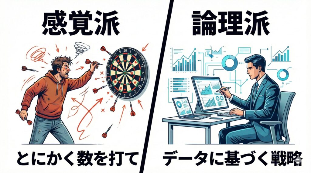 感覚派ナンパ師と論理派軍師のアプローチを対比するイメージ
