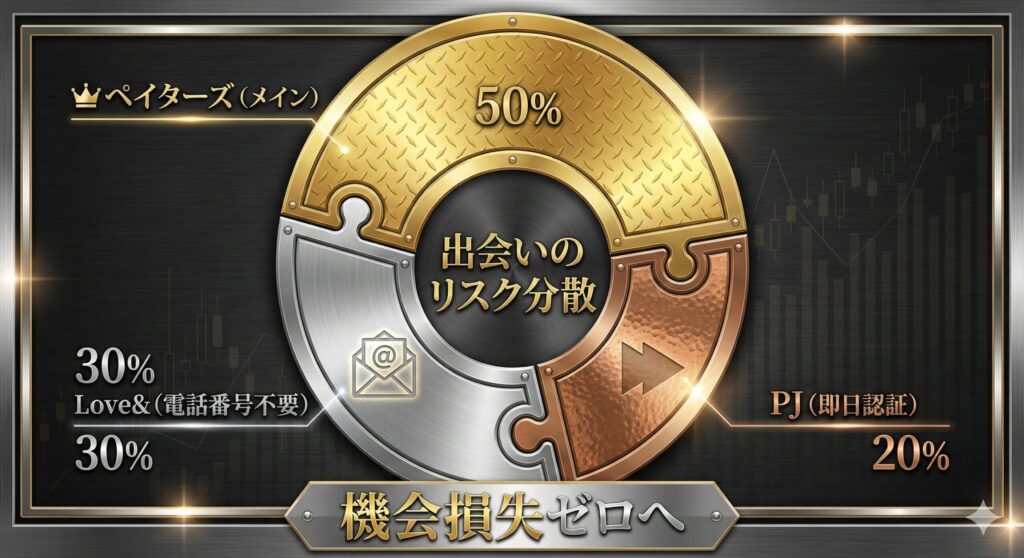 パパ活アプリのリスク分散ポートフォリオ図。ペイターズ、Love&(ラブアン)、PJ(ピージェイ)を併用する戦略。