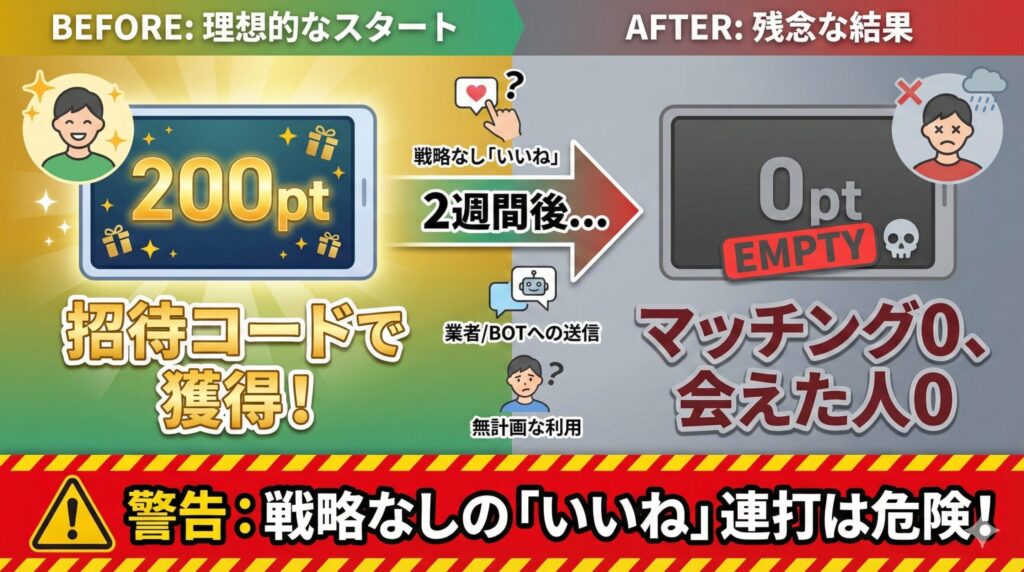 ペイターズでポイントを無駄遣いして残高0になった状態を警告するイメージ図
