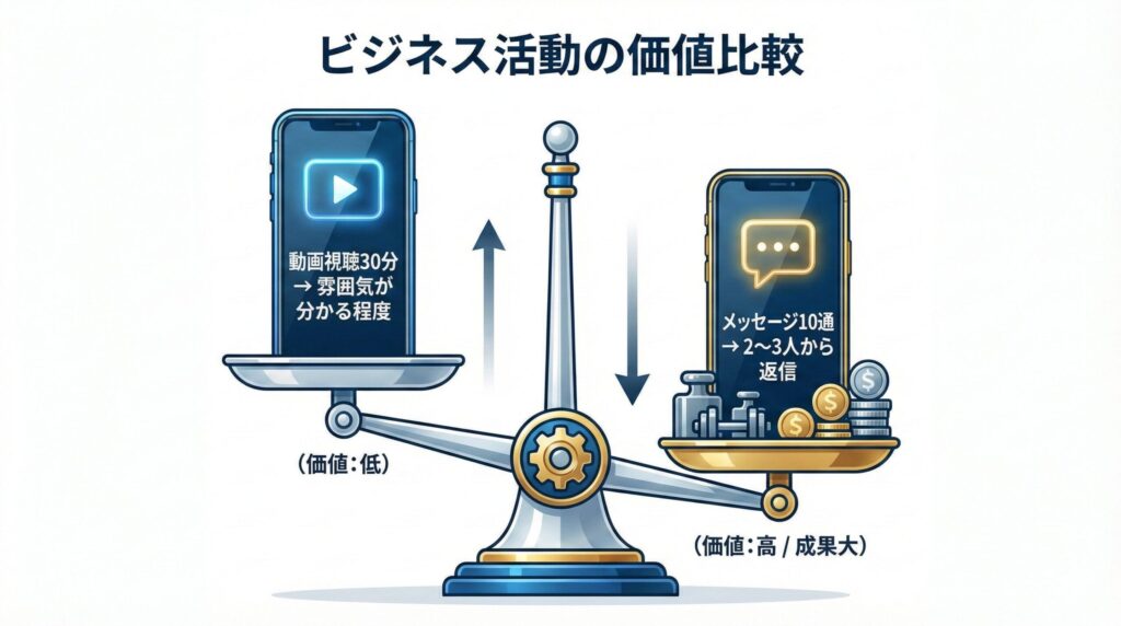 動画視聴とメッセージ送信の時間対効果を比較する天秤のイメージ
