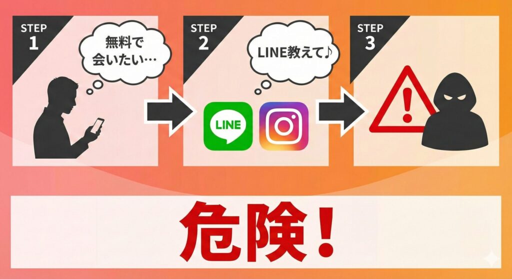 ペイターズで無料のまま会おうとすると業者に引っかかるリスクを示す図
