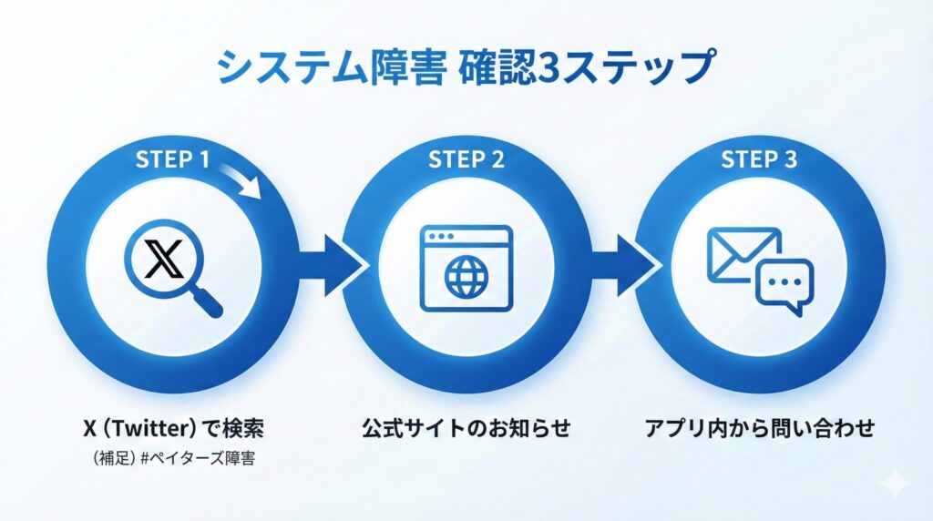 ペイターズでログイン障害が起きた際の公式情報確認手順。X(旧Twitter)検索から公式サイト、問い合わせへの流れ。