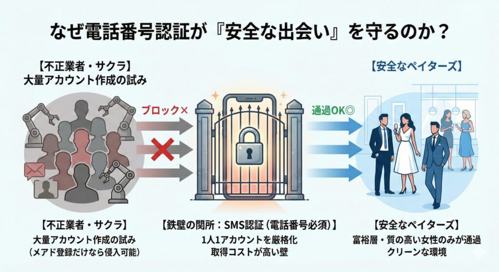 ペイターズが電話番号認証(SMS認証)を必須にすることで、業者や不正ユーザーをブロックし、安全な出会いの環境を維持する仕組みの図解。