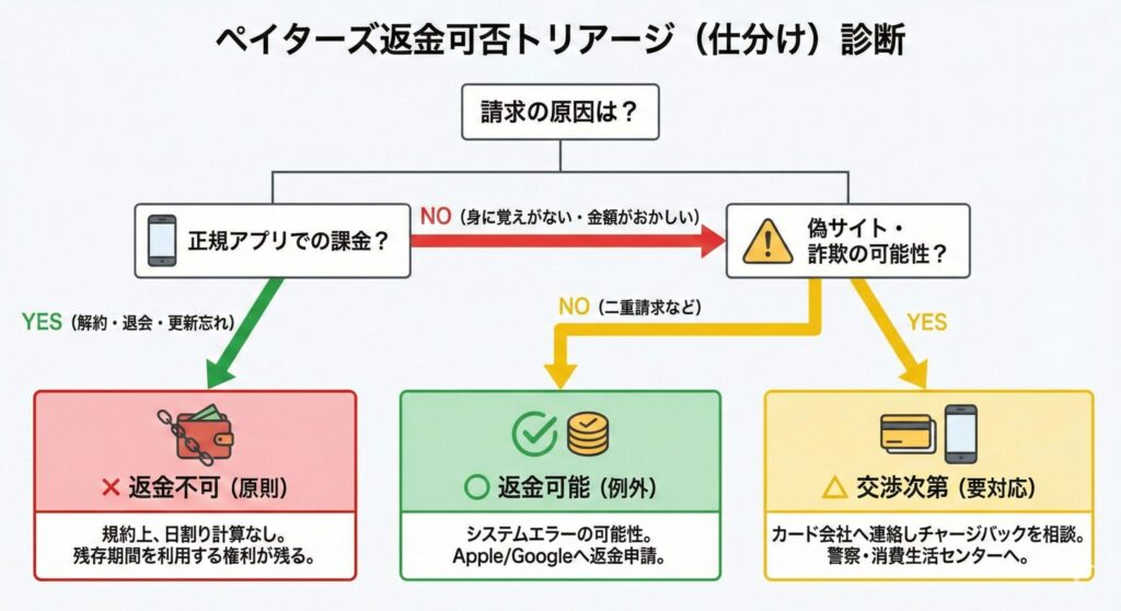 ペイターズの返金可否を状況別に判断するためのフローチャート図。正規解約は不可、システムエラーは可能、詐欺は交渉次第という分岐を示す。