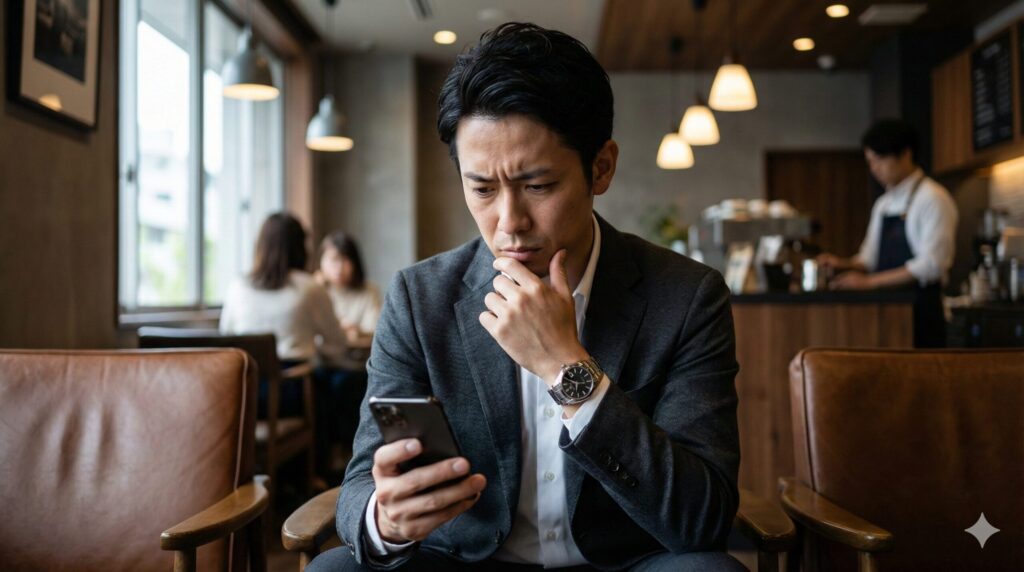 スマホのアプリ課金画面を見て悩む男性のイメージ
