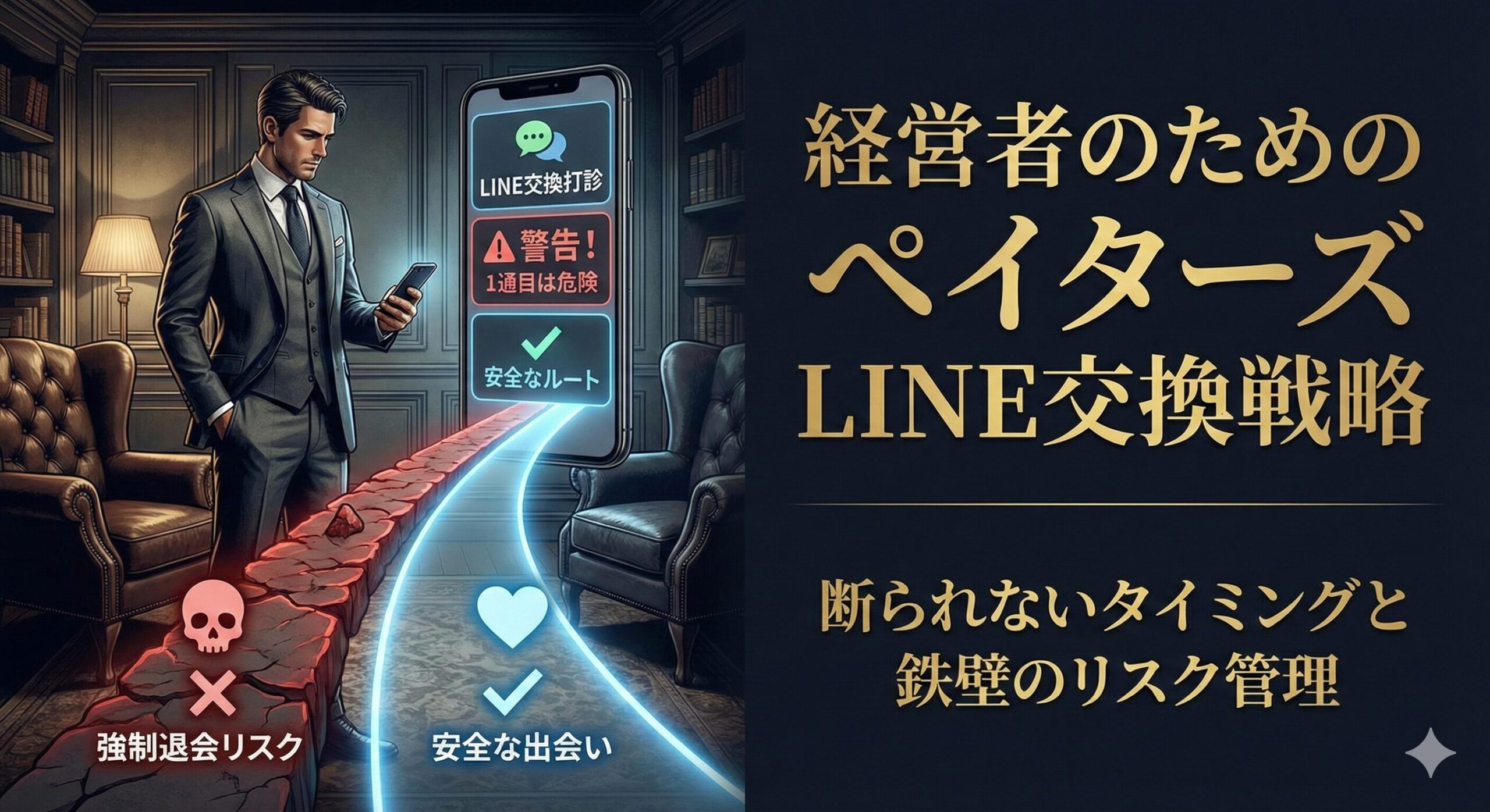高級なスーツを着た経営者がスマートフォンでペイターズの画面を見ている。画面にはLINE交換のアイコンと警告マークが表示されており、安全な道と危険な道の分岐点に立っている。「経営者のためのペイターズLINE交換戦略」というタイトル文字。