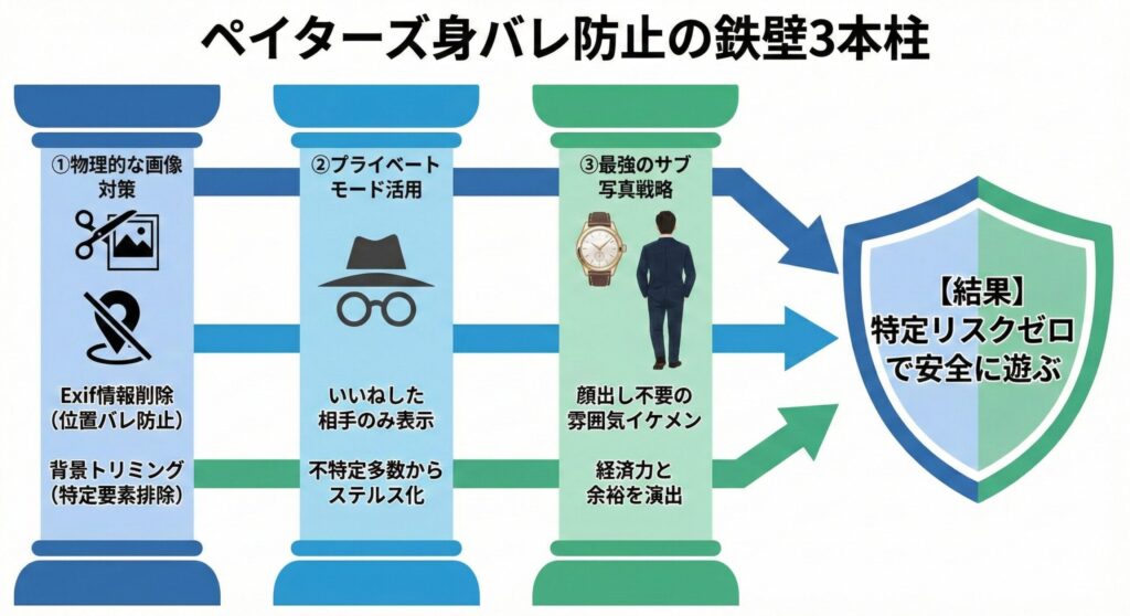 ペイターズでの身バレを100%防ぐための3つの鉄壁設定（画像対策、プライベートモード、サブ写真戦略）を示す構造図解