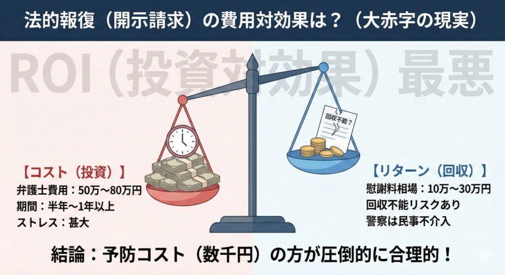 ペイターズで晒された際の発信者情報開示請求における費用対効果を示す天秤の図解。高額な弁護士費用と時間コストに対し、得られる慰謝料が少なく赤字になる構造を可視化。