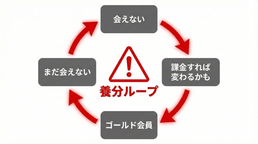 マッチングアプリのアップセル構造を示すフロー図
