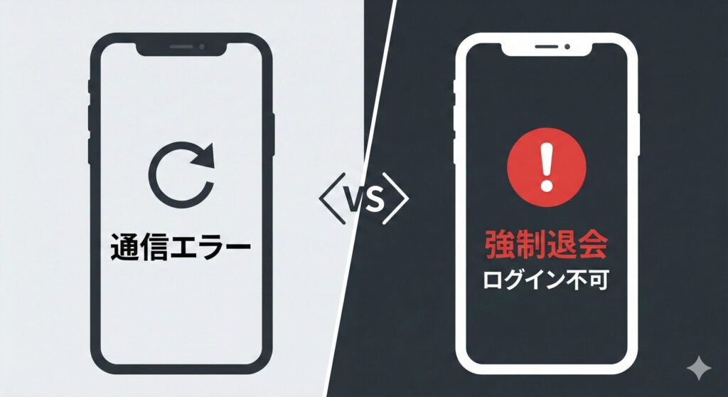 ペイターズ 通信エラーと強制退会 画面の違い 図解