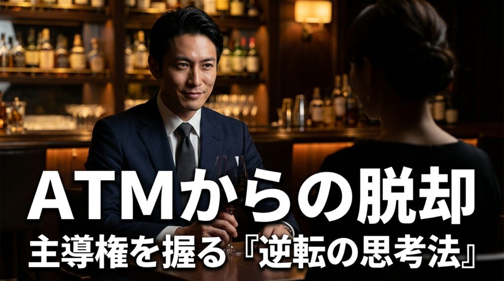 高級バーで女性と向かい合い余裕の表情を見せる男性。ATM状態から脱却し、主導権を握る逆転の思考法を解説するイメージ画像。