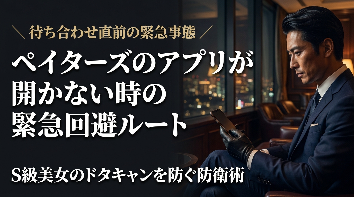 夜の高級ラウンジでスマートフォンを操作するダークスーツの男性。ペイターズが重い・開かない時の緊急対処法とドタキャンを防ぐ裏技を解説する記事のアイキャッチ画像。