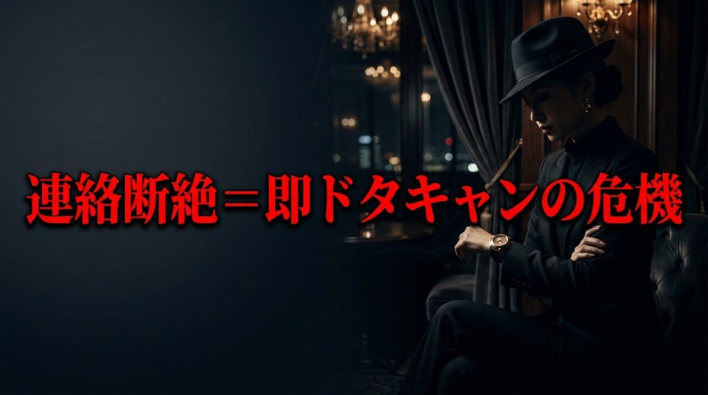 時計を見て苛立つS級美女のシルエット。連絡断絶が即ドタキャンの危機につながることを警告する画像。