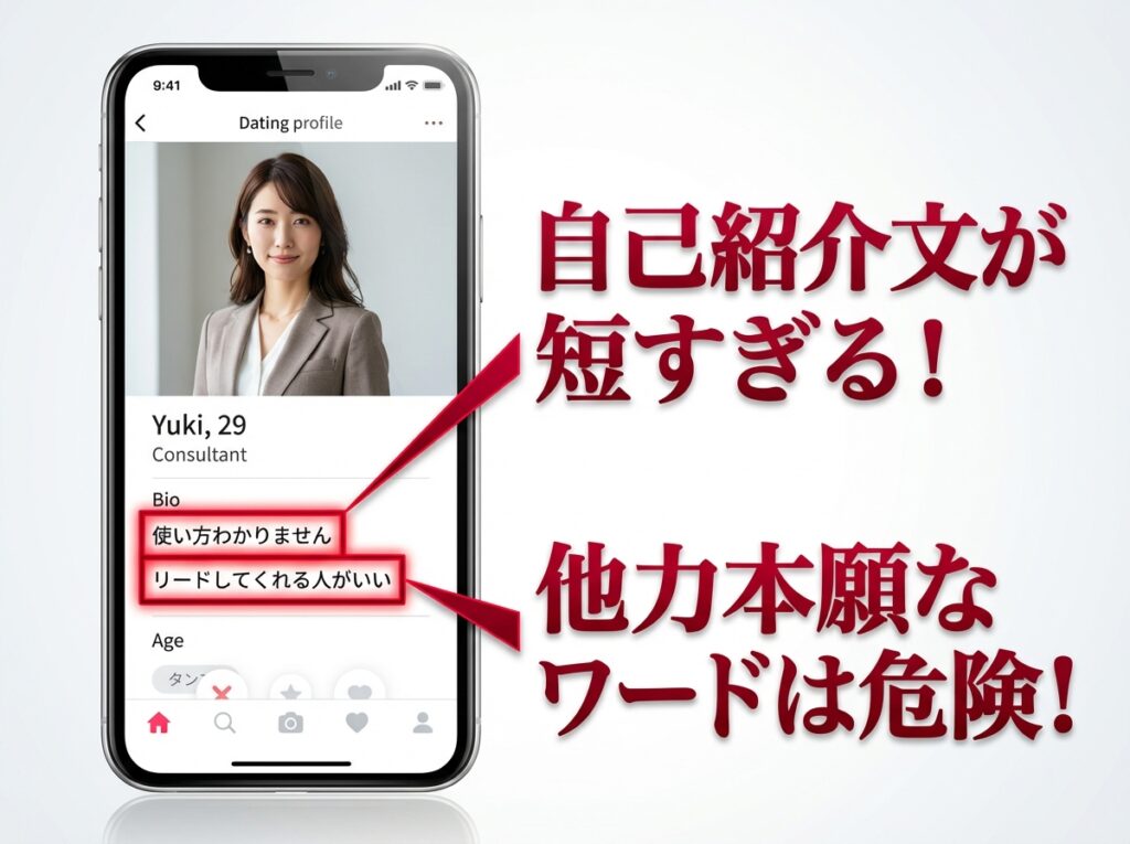 ペイターズにおける地雷女性のプロフィール画面例。自己紹介文が短すぎる点や他力本願なワードなどの危険なサインを赤枠で解説している。