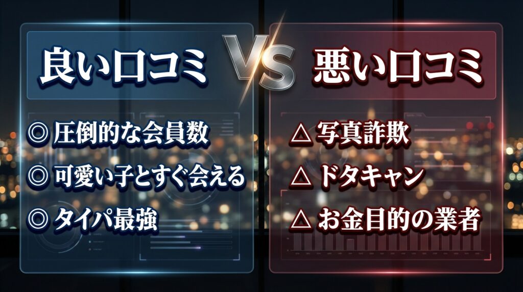 ペイターズの良い口コミ(圧倒的な会員数やタイパの良さ)と悪い口コミ(写真詐欺や業者などの地雷)を比較した表。