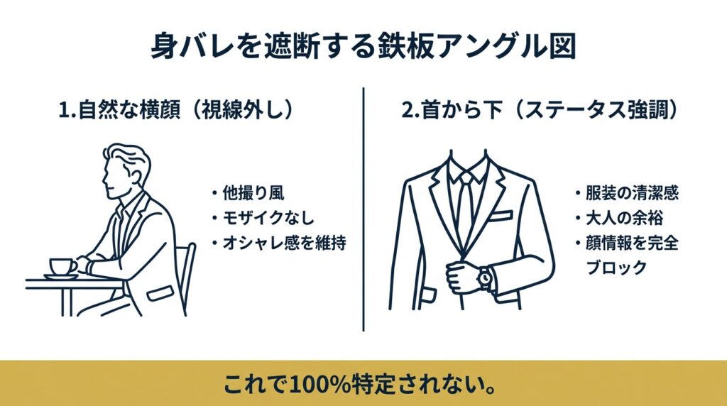 視線外しと他撮り風アングルによる身バレ防止プロフ写真の画角図