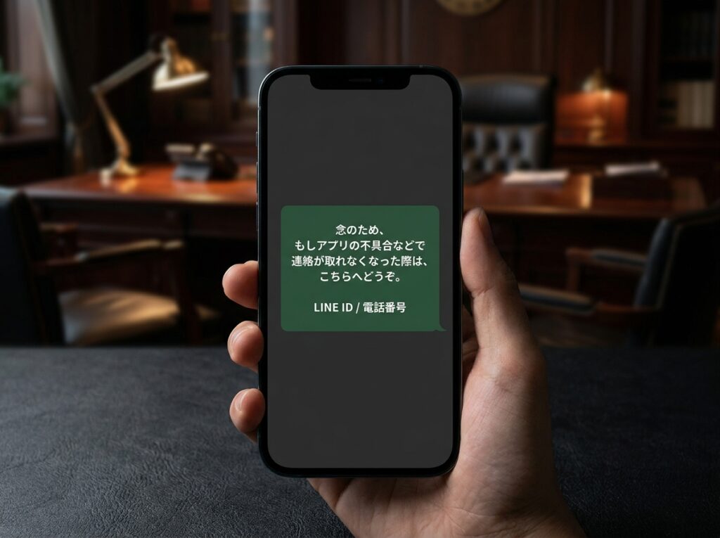 ペイターズの不具合に備えた、事前LINE共有のメッセージテンプレート。「念のため、もしアプリの不具合などで連絡が取れなくなった際は、こちらへどうぞ」という文面。