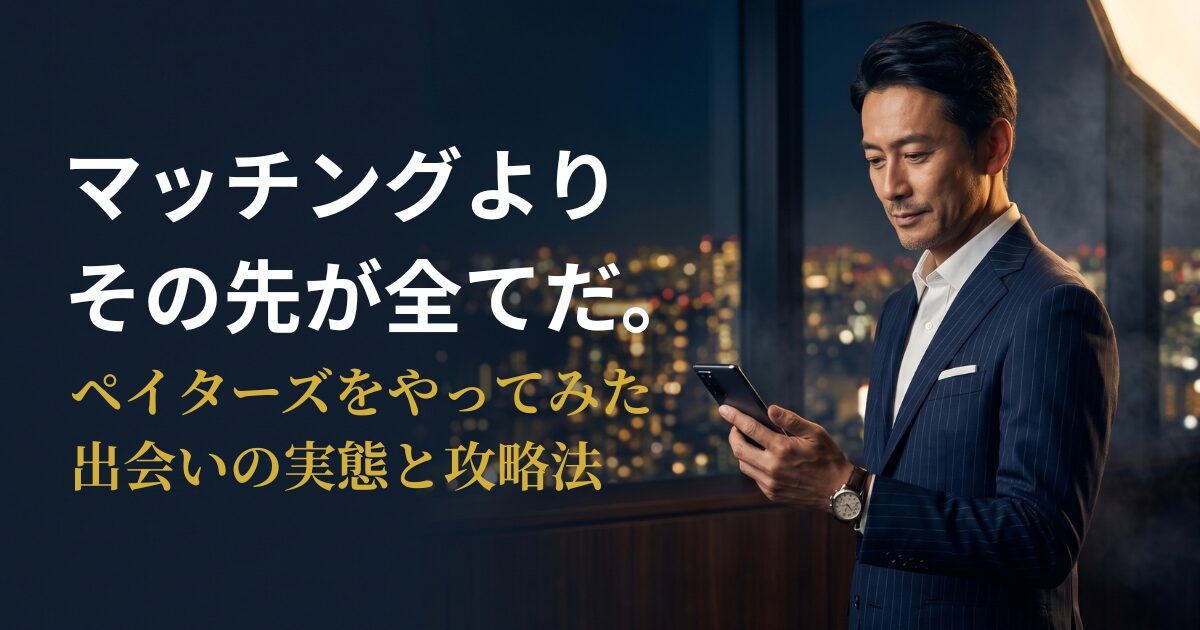 スマートフォンを手に検証するエグゼクティブのペイターズ出会い体験レポート記事