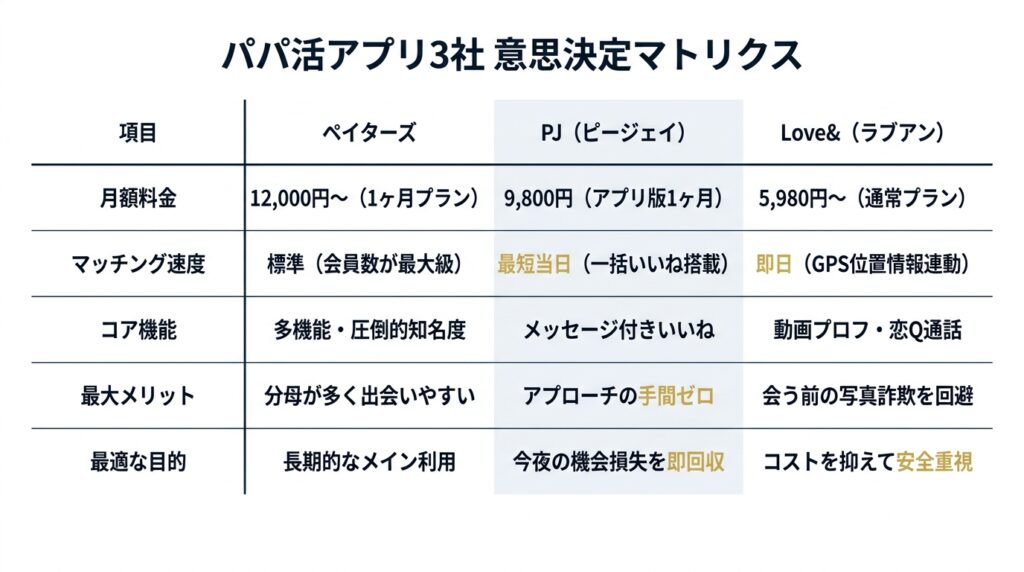 ペイターズ、PJ、ラブアンの料金・速度・機能を比較した選定マトリクス図