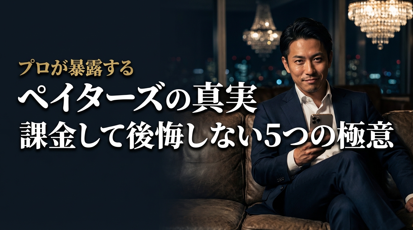 夜の高級ラウンジでスマートフォンを持つダークスーツの男性。ペイターズの口コミ・評判と課金して後悔しない5つの極意を解説する記事のアイキャッチ画像。