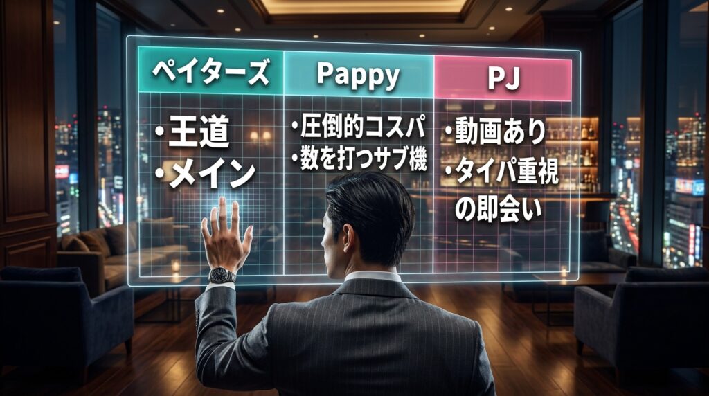 ペイターズと相性の良いサブアプリの比較マトリクス表。Pappy（コスパ重視）とPJ（即会い重視）の特徴を比較している。
