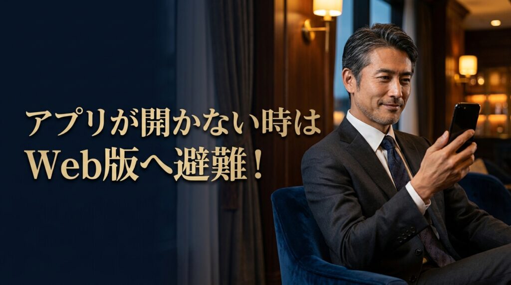 ダークトーンの高級ラウンジでスマホを見る男性。ペイターズアプリが開かない時はWeb版へ避難することを推奨する画像。