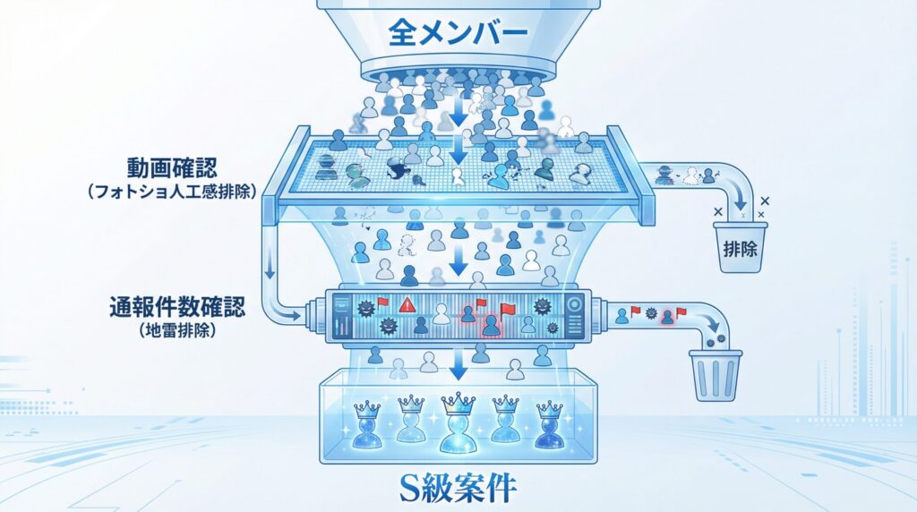ラブアンにおける交際デューデリジェンスのフロー図。動画プロフィールと通報数チェックという2つのフィルターを通すことで、地雷会員を排除しS級案件のみを抽出する仕組み。
