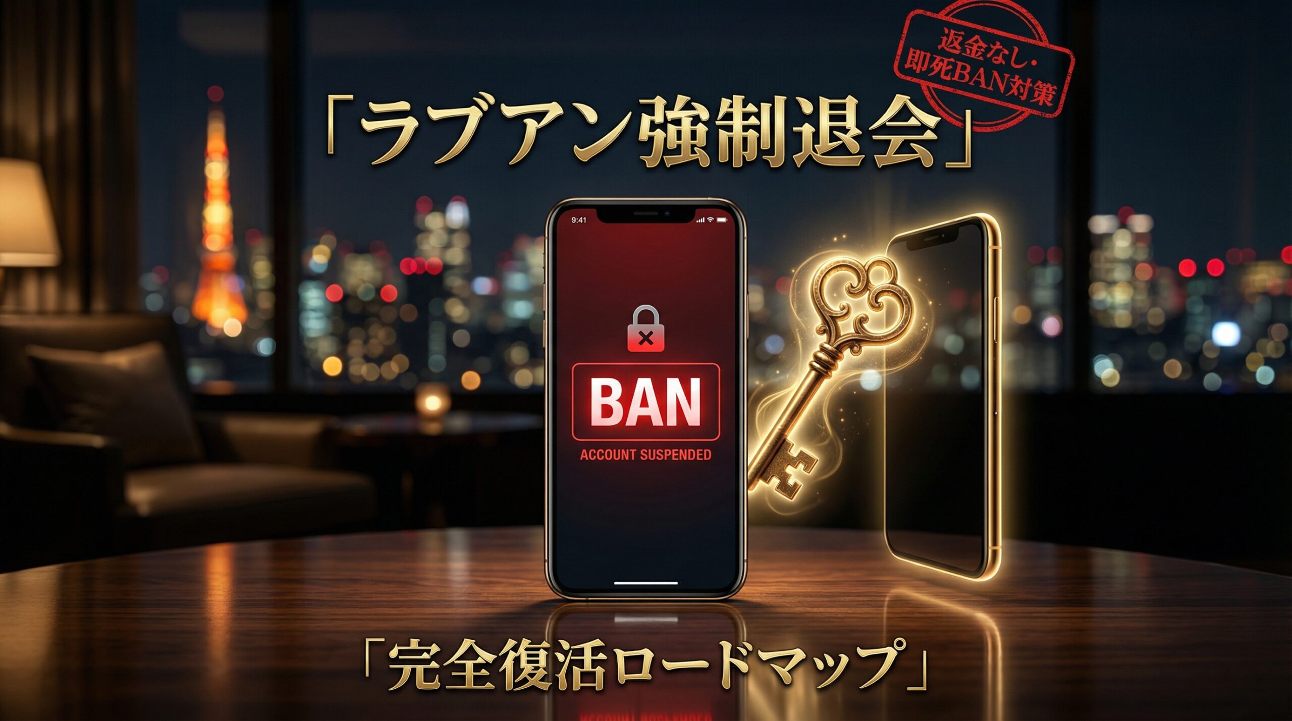 ラブアン（Love&）で強制退会や凍結画面が表示されたスマホと、そこから復活するための鍵を示すイメージ。