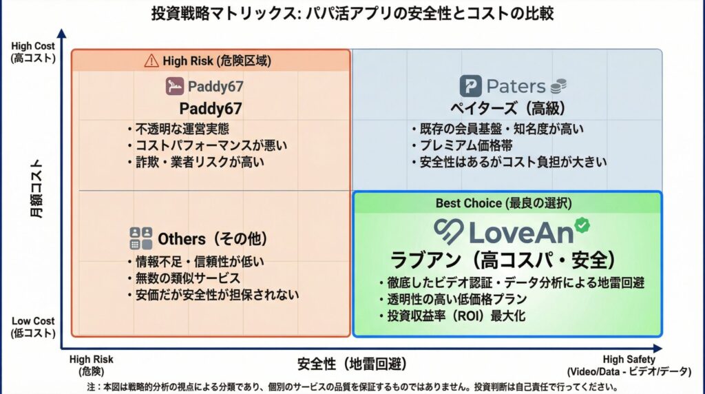 パパ活アプリ3社のコストと安全性のポジショニングマップ。ラブアンは「低コスト・高安全性」の右下エリアに位置し、最も投資対効果が高いことを示す。
