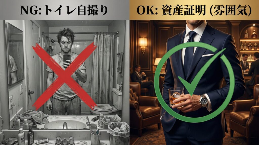 ラブアンでモテる男性写真とNGな自撮り写真の比較図。トイレの自撮りはNG、スーツや高級時計の雰囲気写真はOKという対比。