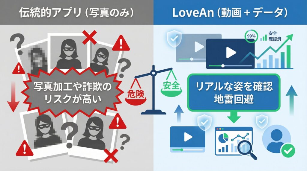 従来のパパ活アプリとラブアンの比較図。写真のみの従来型はリスクが高いが、動画とデータがあるラブアンは安全性が高いことを天秤で表現。