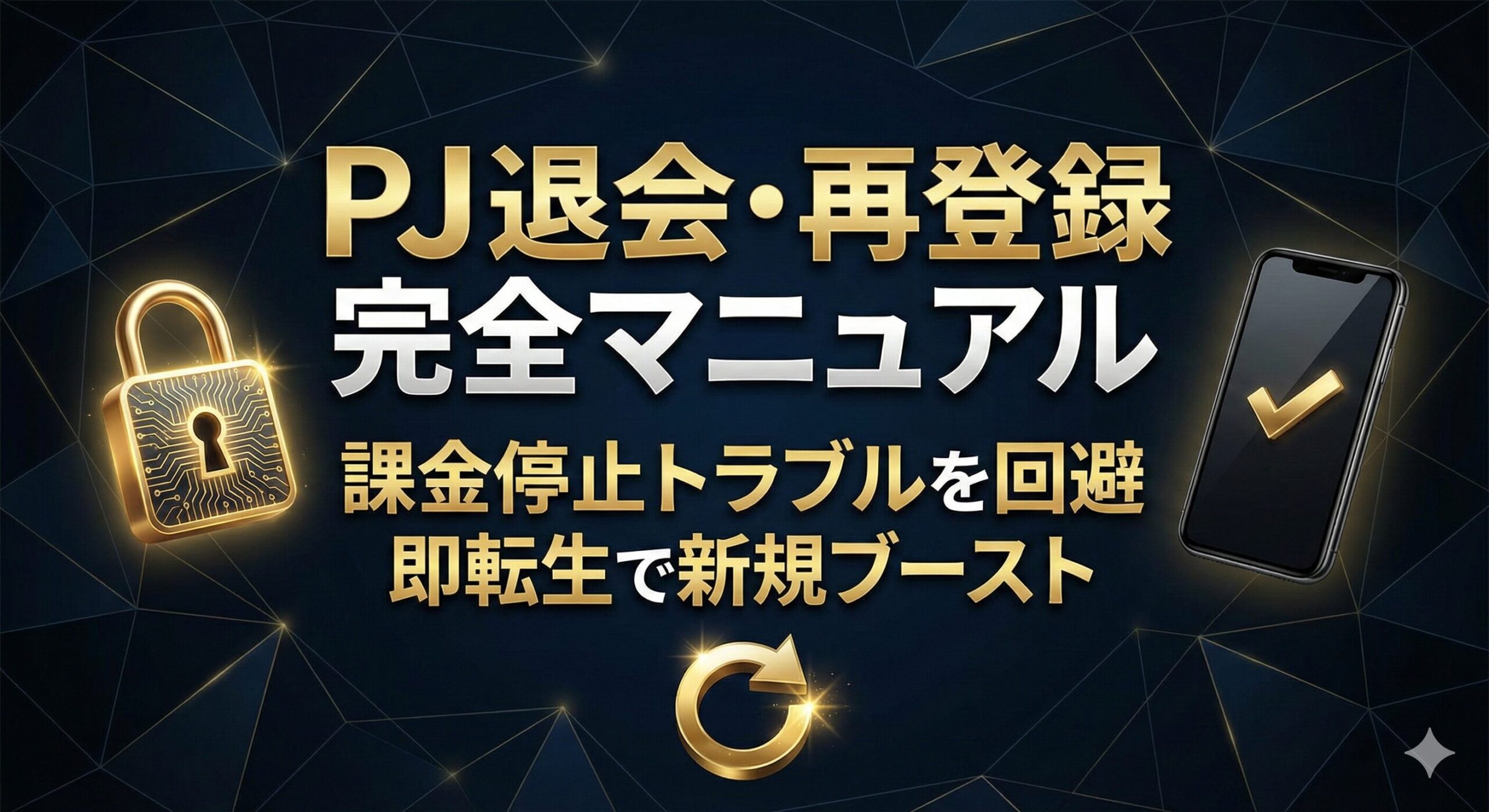 PJ（ピージェイ）の退会手順と課金停止、再登録による攻略法を示したアイキャッチ画像