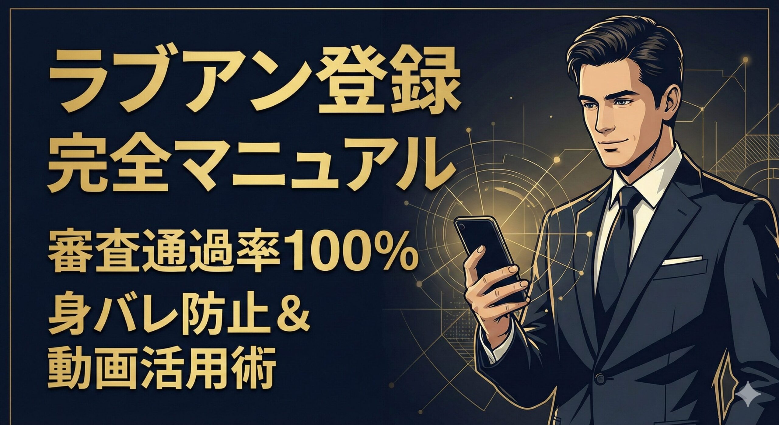 ラブアン(LoveAnd)の登録完全マニュアル。富裕層向けに身バレしないWeb完結の仕組みと、動画プロフィールによるリスク回避術を解説したイメージ画像。