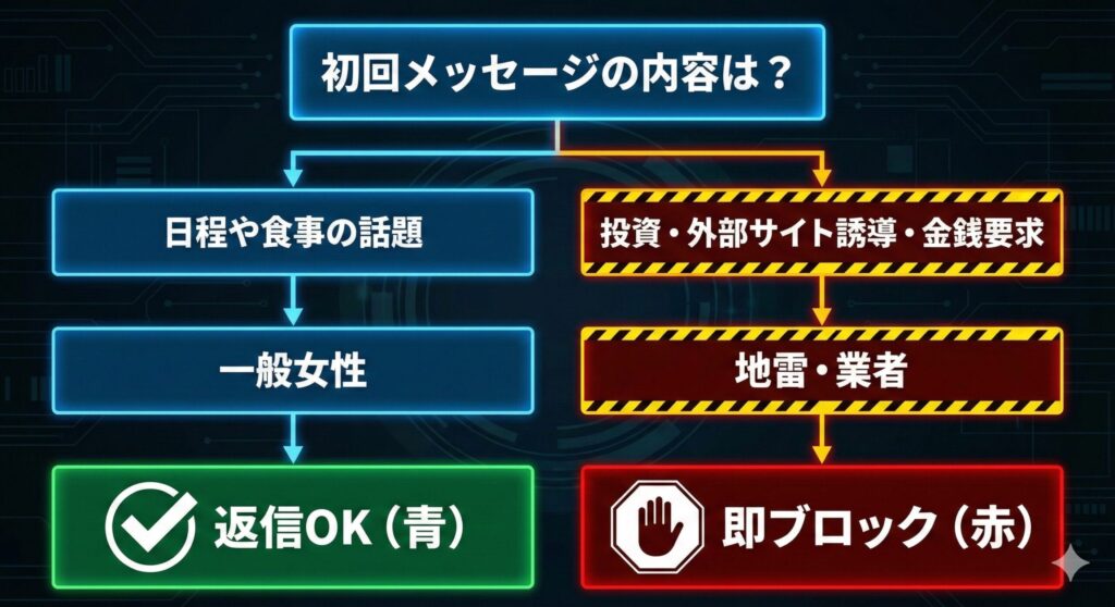PJアプリにおける一般女性と地雷女性（業者・詐欺）の見分け方フローチャート。メッセージ内容による分岐判定。