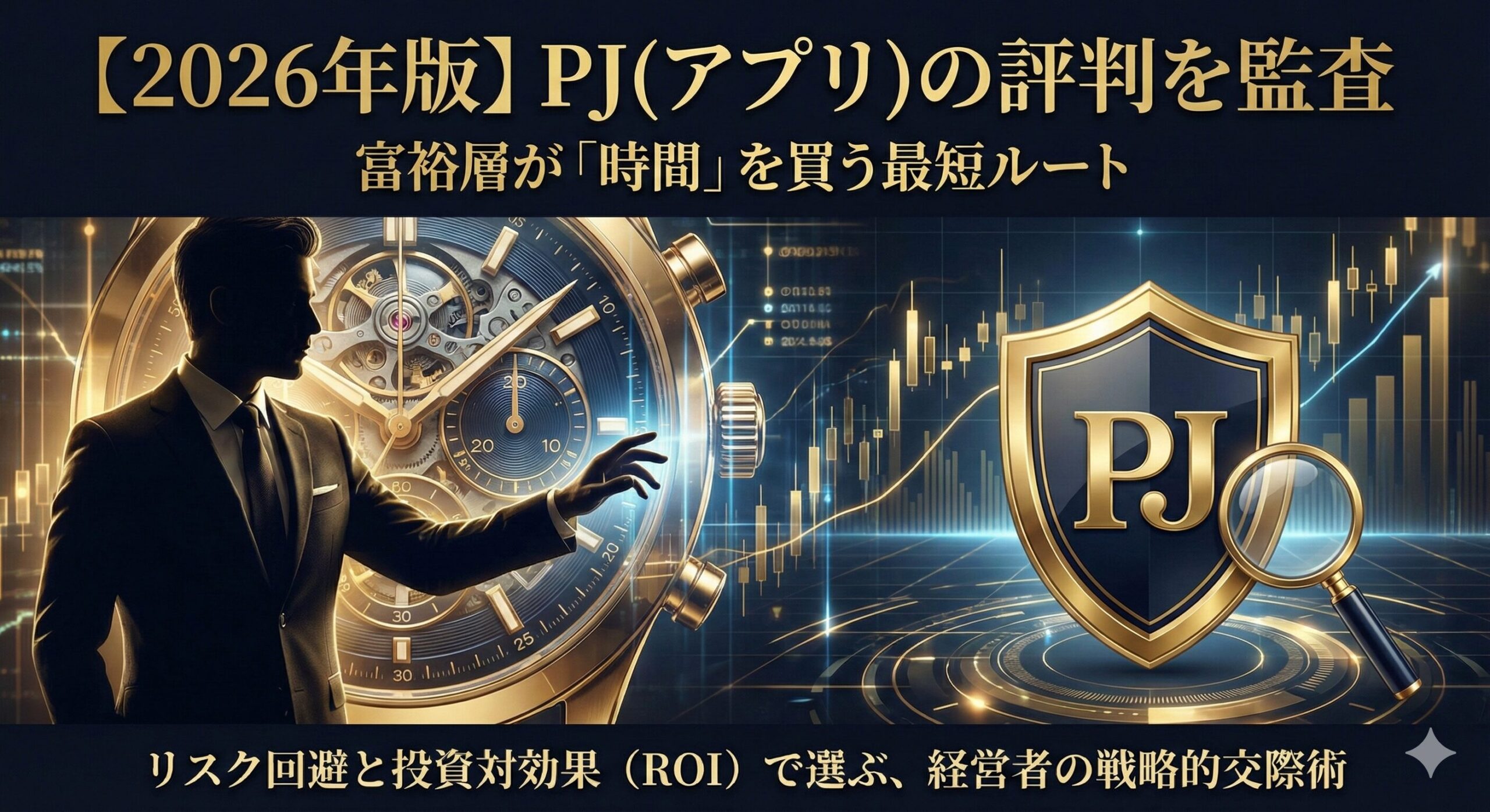 【2026年版】PJ(アプリ)の評判を監査。富裕層の経営者が時間を金で買い、リスクを回避して良質な出会いを得るための投資戦略イメージ図。