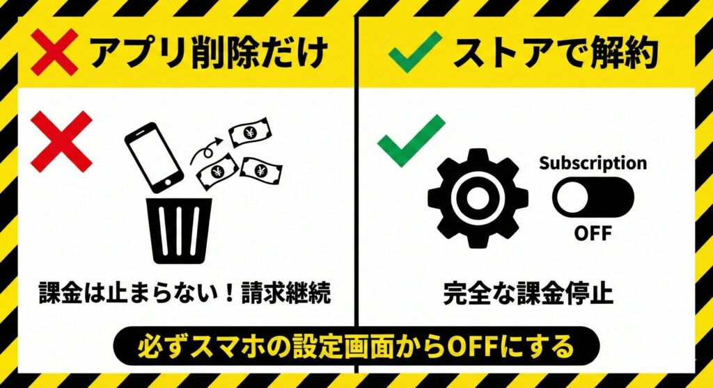 アプリをアンインストールしても課金は続くことを示す警告図。正しいサブスク解約はストアの設定から行う。