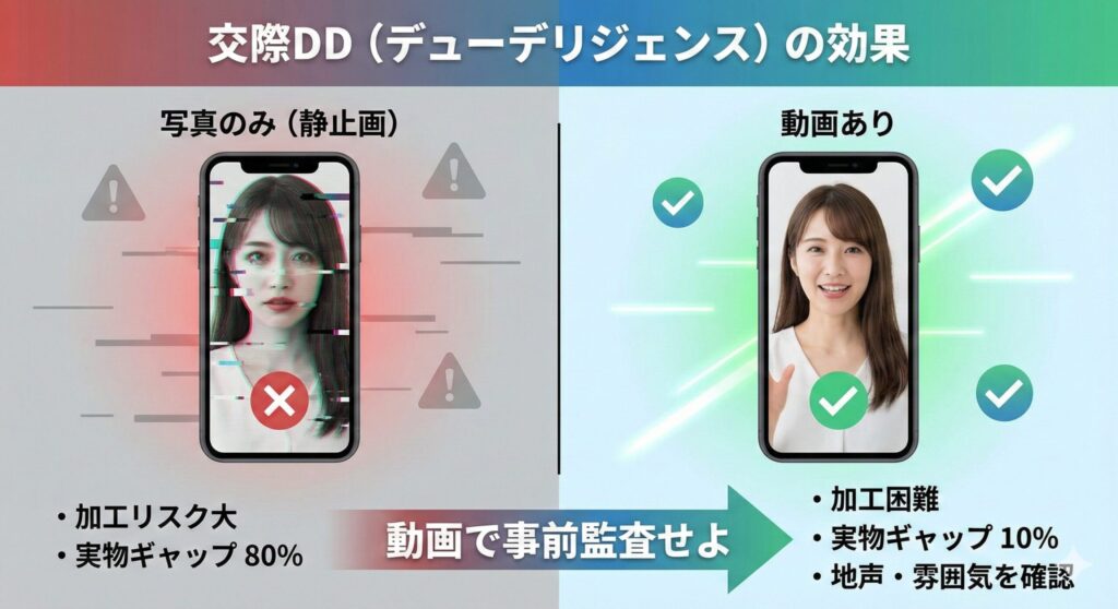 PJアプリの動画プロフィール機能を使った写真詐欺回避の仕組み。写真のみの場合のリスクと、動画ありの場合の安全性を対比した交際デューデリジェンスの図解。