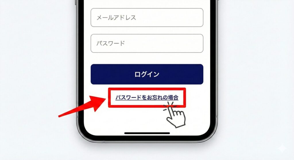 PJ（ピージェイ）ログイン画面のUIイメージ。ログインボタンの下にある「パスワードをお忘れの場合はこちら」のリンク位置を強調。