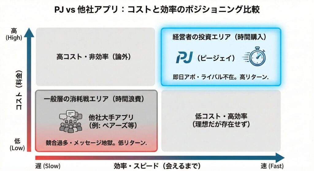 PJアプリと他社マッチングアプリの比較4象限マトリクス図。縦軸に「コスト」、横軸に「効率（会えるまでのスピード）」をとり、PJが高コスト・高効率な経営者向けツールであることを示している。