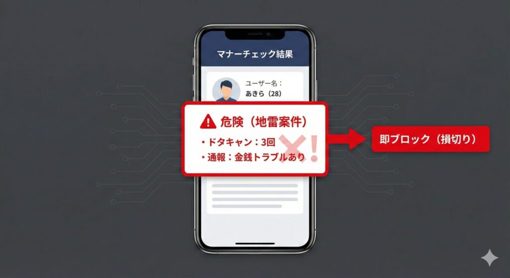 PJアプリのマナーチェック機能の画面イメージ。ドタキャン回数や通報履歴を確認し、地雷会員を回避（損切り）するまでのフロー図。