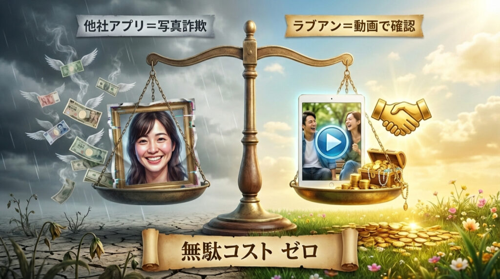 ラブアンの動画プロフィール機能でパパ活の写真詐欺を防ぐ費用対効果の図解。他社アプリでの損失とラブアンでの成功の比較。