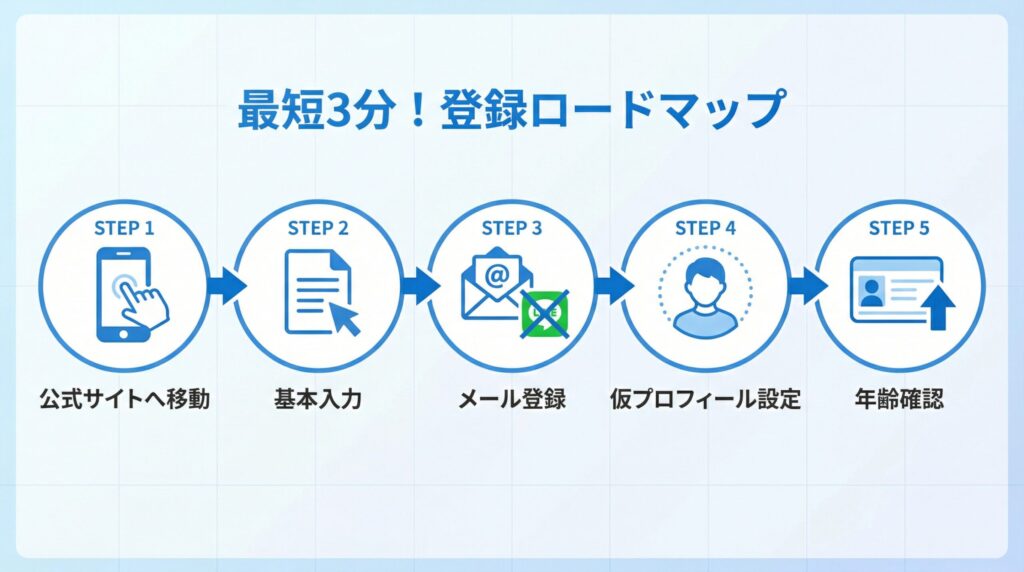 ラブアンの無料登録から年齢確認完了までの5つの手順を示したフローチャート。所要時間は約3分。