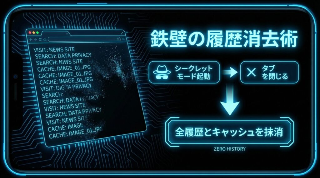 ブラウザのシークレットモード（プライベートブラウズ）を使用することで、履歴やキャッシュを残さずにラブアンを利用する仕組みの解説図。