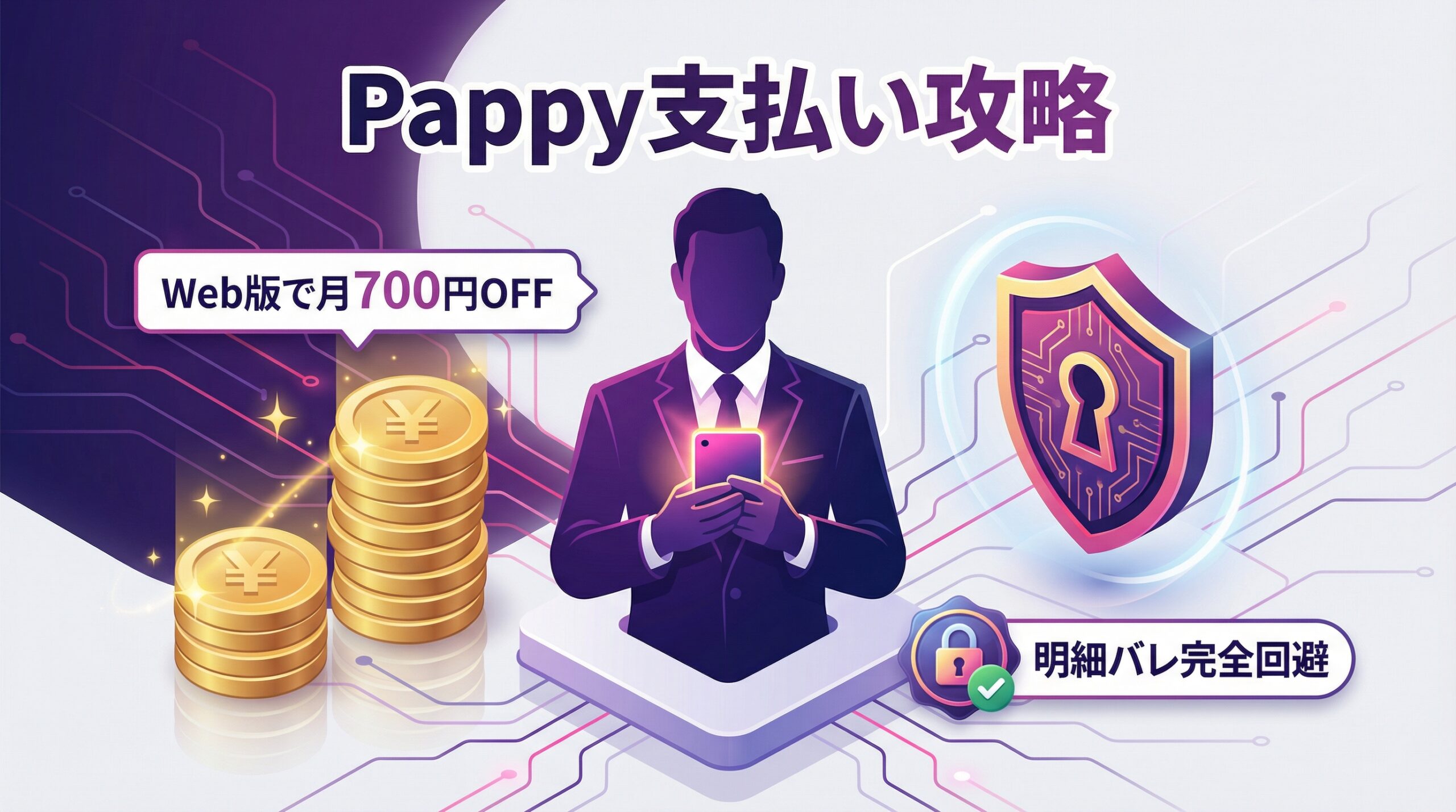 Pappy（パピー）の支払い方法攻略ガイド。Web版決済で月額料金を安くし、Paidyコンビニ払いで明細バレを防ぐ裏技のイメージ図。